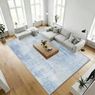 WUTONG Blau Großer Teppich Wohnzimmer 200X300cm Waschbarer, Moderner Abstrakter Kunstwolle Kurzflor Teppich Schlafzimmer,Rutschfester Teppiche Weiche für Jugendzimmer,Büro