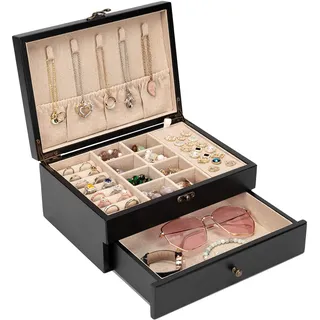 Pinzoveco Schmuckkästchen für Damen, rustikale Holz-Schmuck-Organizer-Box zur Aufbewahrung von Ohrringen, Ringen, Halsketten, Armbändern, Bauernhaus-Stil, Holz-Schmuckschatullen, Organizer (Schwarz)