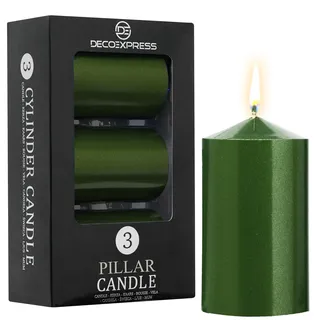 DECO EXPRESS Metallic Stumpenkerzen Set, 3er-Pack, Kerzen Lange Brenndauer, 30 Stunden, Geruchslos (Metallic Grün - 3er-Pack)