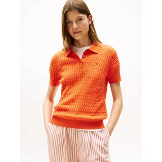 Poloshirt TOMMY HILFIGER "CO CABLE POLO-NK SS SWEATER", Damen, Gr. M (38), orange (brilliant orange), Single Jersey, Obermaterial: 100% Baumwolle, unifarben, regular fit hüftbedeckend, Rundhals, Shirts Poloshirt, mit Zopfmuster, Regular Fit