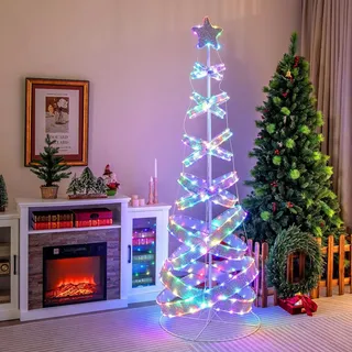 COSTWAY LED Spiral Weihnachtsbaum, 210cm beleuchteter Tannenbaum, 341 LEDs, 34 Lichtmodi, klappbar, Led Lichterbaum Spiralbaum mit Stern, Christbaum aus Polyester Metall, Weihnachtsdeko Innen Außen - Weiß