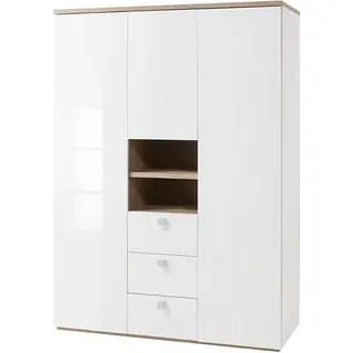 Kleiderschrank - Riviera Eiche Nachbildung - Weiß Hochglanz - 150 x 210 cm - 3 Türen - Weiß