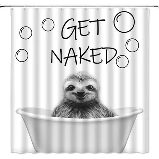 Sunhe Faultier-Duschvorhang, Schwarz und Weiß, Faultier-Hochformat, lustiges Zitat Get Naked, lustiges Tier in Badewanne, Skizzen-Muster, Stoff, Badezimmerdekor-Set mit Haken