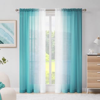 Melodieux Gardinen mit Kräuselband Ombre Transparent Vorhänge für Wohnzimmer 2er Set, 225x140cm Blau Grün