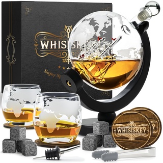 WHISISKEY Whisky Karaffe Set - Whiskey Geschenkset - Geschenke für Männer - Männergeschenke Geschenk - Geburtstagsgeschenk Mann - Globus Dekanter 900ML, Geschenkbox, 2 Whisky Gläser, 8 Whisky Steine