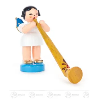 Großhandel Dregeno Engel mit Alphorn stehend, blaue Flügel h=ca 5,5 cm Erzgebirge Weihnachtsfigur