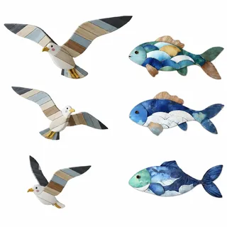 RzuoQnt 6 Stück Set Maritime Wanddeko, Holz Fische Wandbehang und Möwen Ornamente, Wanddeko ohne Bohren für Badezimmer Deko und Wohnzimmer