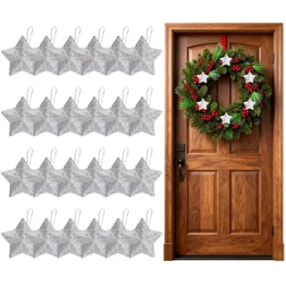 JURENEE 24 Stück Silbrig Stern Weihnachtsbaum, PP Material Dreidimensionale Christbaumschmuck Sterne, Glitzernde Sterne Weihnachten Deko, Weihnachtssterne, Geeignet zum Aufhängen Tannenbaum (Silber)