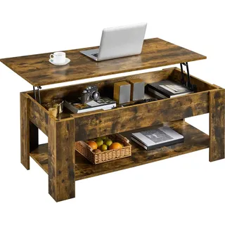 Yaheetech Couchtisch Höhenverstellbar Beistelltisch mit Stauraum Ablagefächern Kaffeetisch Metallgestell Sofatisch für Wohnzimmer, Rostbraun - Braun