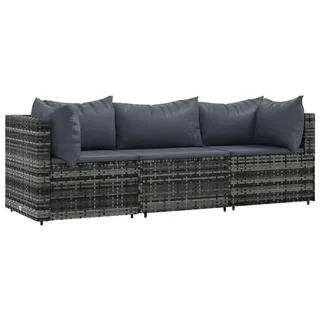 vidaXL Garten-Lounge-Set 3-teilig Mit Kissen Grau Poly Rattan , Kunststoff , Rechteckig , 63x57.5x63 cm , Gartenmöbel, Loungemöbel, Gartensofas & Loungesofas