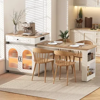 Merax Esstisch Kücheninsel mit Rollen, Ausziehbarer Esstisch, LED Steckdosenleiste, Multifunktionaler Bartisch, Sideboard, küchentisch, Weiß+Natur - Weiß