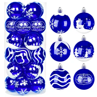 Joiedomi 24 Stück Weihnachtskugeln Ornamente, Deluxe bruchsichere Weihnachtsschmuck für Feiertage, Partydekoration, Baumschmuck und besondere Anlässe (blau & weiß, 6 cm)