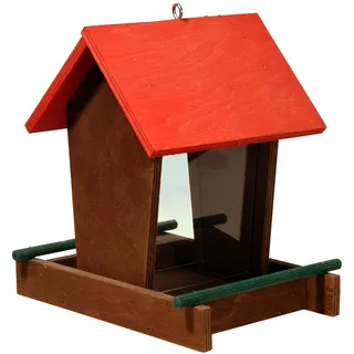 dobar® 91108FSCe Vogelfutterstation Holz hängend - Vogelfutterspender Holz mit Futtersilo - Vogelhaus kleine zum Hängen - Vogelfutterhaus für Ganzjahresfütterung - 16 x 21 x 20 cm - Rot/Grün/Braun