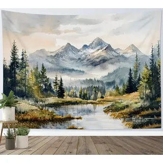 LB Wandteppich Naturlandschaft Wandtuch Grüne Bäume Wald Grauer Berg Wandbehang Wand Deko für Wohnzimmer Schlafzimmer Wohnheim,200x150cm
