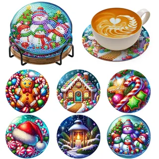 BNG Diamond Painting Untersetzer Mit Halter, 6 Stück Weihnachtskunst DIY Bastel Untersetzer für Erwachsene, Kunstmalerei Sets für Frauen, Anfänger, Diamant Bastelzubehör