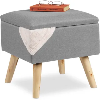 Relaxdays Hocker mit Stauraum, Kunstleinen-Bezug, gepolstert, Holzbeine, Fußhocker mit Deckel, HBT 40x40x40 cm, hellgrau