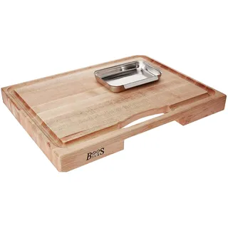 Boos Block Schneidebrett mit Auffangschale – 38,1 x 35,6 x 5,7 cm – Schneidebrett Holz mit Griff – Ahornbrett – Multifunktionsbrett – Hackbrett – Fleischbrett – Profi-Brett