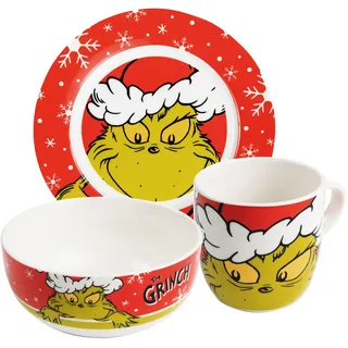United Labels Grinch 3-teiliges Frühstücksset Merry Grinchmas, Rot, Geschirr Set aus Porzellan mit Teller Ø 19 cm, Tasse 220 ml und Schale 330 ml