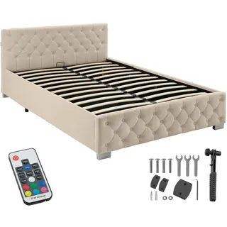 Tectake Polsterbett mit LED-Leisten , Stauraum, Samtoptik sand, 140 x 200 cm