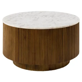MASSIVMOEBEL24.DE Couchtisch rund Mango 80x80x45 braun lackiert / Marmor weiß BARCELONA #220 - Braun, Weiß