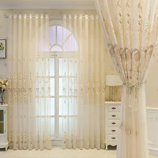 Beige Vorhang Wohnzimmer Schlafzimmer Transparent Ösen 3D Barock Vintage | Luxus Ösenvorhang Gardinen Halbtransparent Ösenschal Dekoschal Gardinenschal 2er-Pack 140x245