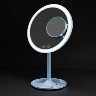 EMKE® Kosmetikspiegel mit Beleuchtung, Hellblau Beleuchteter Kosmetikspiegel 1X / 3X, LED Schminkspiegel 90°Drehbar mit 3 Lichtfarben Dimmbar, USB Aufladbarer, Tischspiegel für Schminken und Rasieren