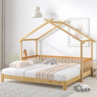 Merax Kinderbett 90x200cm/180x200cm Ausziehbett Erweiterbares Hausbett mit Rausfallschutz und Dachform, Massivholz Einzel- und Doppelbett Kinderhaus - Naturbelassen