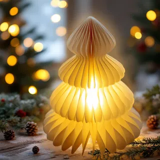 LED Papier Weihnachtsbaum warm weiß beleuchtet mit Timer - 28 cm - Dekofigur Tannenbaum faltbar mit Beleuchtung Batterie betrieben - Weiß