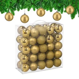 Relaxdays Weihnachtskugeln im 50er Set, Kunststoff, D: 6 cm, runde Weihnachtsbaumdeko, Baumschmuck bruchsicher, Gold