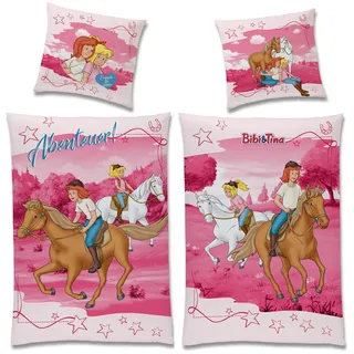 Bibi und Tina Flanell Kinder Wende-Bettwäsche Abenteuer Pink 135 x 200 cm + 80 x 80 cm 100% Baumwolle Biber Bibi Blocksberg Tina Martin Pferde-Bettwäsche Reiter Sabrina Amadeus Deutsche Größe