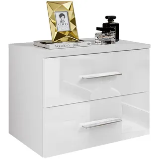 Lookway Nachttisch Lina II hängend mit Chromgriffen, Led, Hochglanz , Weiß , Holzwerkstoff , 55x42x37 cm , Schlafzimmer, Nachtkästchen