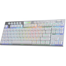 Redragon K621 TKL Kabellose mechanische RGB-Tastatur, 5,0 BT/2,4 GHz/kabelgebunden, 80% ultradünne Low-Profile-Bluetooth-Tastatur mit dedizierter Mediensteuerung und klickenden blauen Schaltern, Weiß