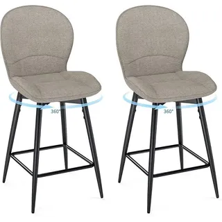 Barhocker 2er Set, 360° drehbare Küchenstühle mit atmungsaktiver Stofflehne und Fußstütze, Barstuhl für Küche, Bar & Esszimmer, 65 cm Sitzhöhe-Mokka - Braun