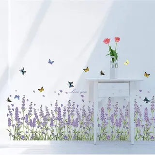 Runtoo Wandtattoo Lila Blumen Schmetterling Wandsticker Lavendel Blumenwiese Gras Wandaufkleber Kinderzimmer Babyzimmer Wohnzimmer Schlafzimmer Wanddeko