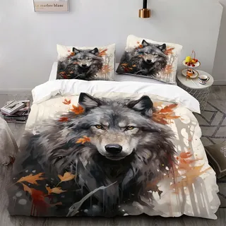 Ruiqieor Bettwäsche 135x200cm,Laub Grauer Wolf Motiv Bettwäsche Set 3teilig,1 Bettbezug+2 Kissenbezug 80x80 cm,Tier Wald Wolf 3D gedruckte Kinder Bettwäsche(#10)