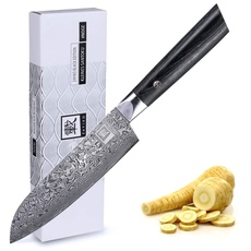 zayiko Black Edition Damastmesser kleines Santoku Messer | Scharfe 13 cm Klinge aus 67 Lagen edlem dunklen Damaststahl & Pakkaholzgriff | Premium Küchenmesser & Profi Kochmesser