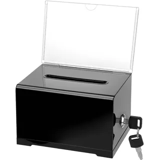 QWORK® Schwarze Acryl-Spendenbox mit Schloss und Schilderhalter, 16 x 12 x 10 cm, abschließbare Wahlurne, Vorschlagsbox, Spardose