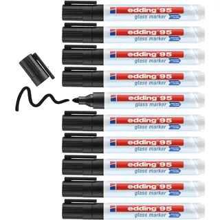 edding 95 Glasmarker - schwarz - 10 Stifte - Rundspitze 1,5-3 mm - zum Schreiben und Markieren auf Glasoberflächen wie Fenster, Glasboards, Whiteboards - trocken abwischbar