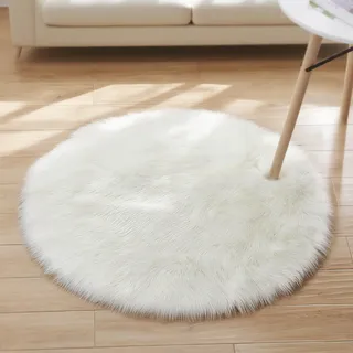 AMFUN Runder Kunstfell Teppich, Faux Lammfell Schaffell Teppich, Super Flauschiger und Weicher, Teppiche Rund für Schlafzimmer, Wohnzimmer, Lounge (Rund, weiß, 90 x 90 cm)