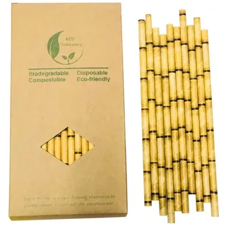 Gelber Bambus Papier Strohhalme, 100 Stück Biologisch Abbaubar Yellow Bamboo Einweg Trinkhalm für Cocktail, Saft, Kaffee, Limonade