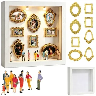 DIY Mini Museum Shadow Box mit LED Licht - Mini Bilderrahmen Vintage Set mit 8 Gold Rahmen & 8 Figuren, Miniatur Bilderrahmen zum Befüllen für Jahrestag, Hochzeit, Heimdekoration (Weiß)