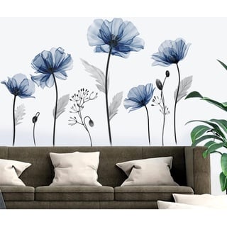 decalmile Wandtattoo Blumen Groß Blau Wandaufkleber Mohnblumen Pflanzen Wandsticker Wohnzimmer Schlafzimmer Badezimmer Wanddeko