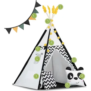 Nukido-Tipi-Zelt für Kinder mit Girlande und Lichterkette in Schwarz-Weiß mit Panda-Motiv - Schwarz, Weiß