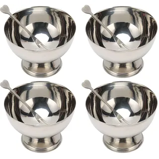 4 Stück Eisbecher, 10cm Runde Edelstahl Dessertschale Silber Eisschalen mit Gabel und Fuß für Dessert Eisbecher Salat Snack Gewürz Obst Süßigkeiten