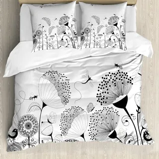 ABAKUHAUS Schwarz und weiß Bettbezug, Blühende Blumen-Biene, Milbensicher Allergiker geeignet mit Kissenbezügen, 155 cm x 220 cm - 80 x 80 cm, Schwarz-Weiss - Schwarz