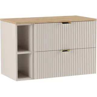 WENA Waschtischunterschrank 100 cm, geriffelte Fronten, Griffe aus Metall in der Farbe Gold (Farbe: Kaschmir, Eiche Holzplatte) - Beige
