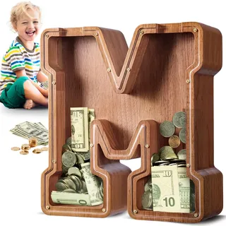 Summidate Spardose für Kinder Junge, Personalisiert Holz Großes Sparschwein, Unzerbrechliches Buchstabe A-Z Sparbüchse für Kinder Mädchen, Erwachsene, Geschenk&Dekoration