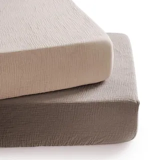TILLYOU Musselin Spannbettlaken 2er Set Bettlaken Kinderbett 60x120 cm 100% Baumwolle Spannbettlaken Baby, Graubraun & Hellbraun