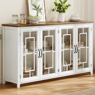 Flieks 160cm breites Küchen-Sideboard mit Glastüren, geräumigen Staufach und Kippsicherung, Beistellschrank 160x40x86cm, Mehrzweckschrank, Weiß - Weiß