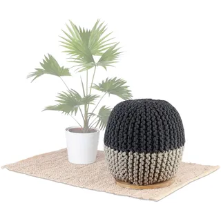 Native Home Pouf Hocker, 2 in 1, Beistelltisch & Sitzhocker, rund, Mangoholz, Strick-Design, HxBxT 40 x 40 x 40 cm, grau